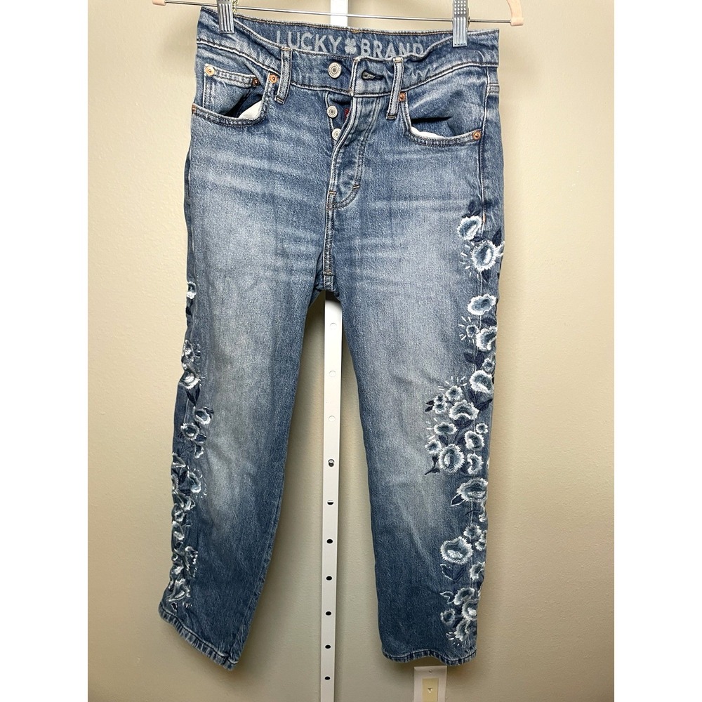 Lucky Brand Embroidered Floral Jeans Women's 0/25 90's Loose High Rise Crop